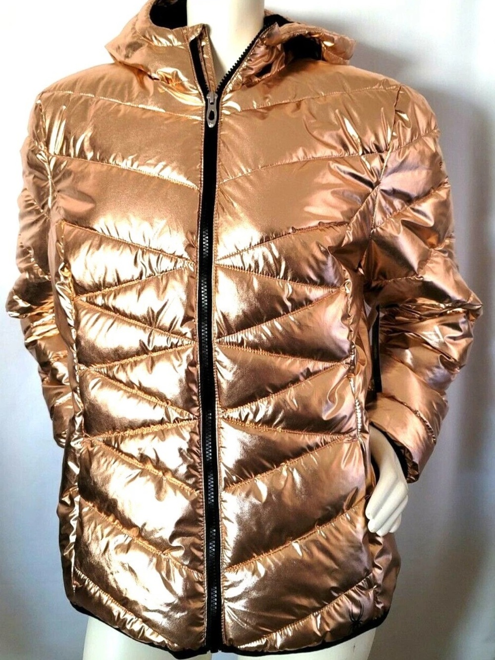 Spyder Women's XL Metallic Rose Gold Hooded Puffer Jacket